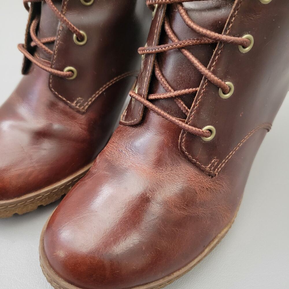 Timberland Glancy Brown Leather Heels Lace-up Ankle Booties Size 7 - Picture 7 of 12